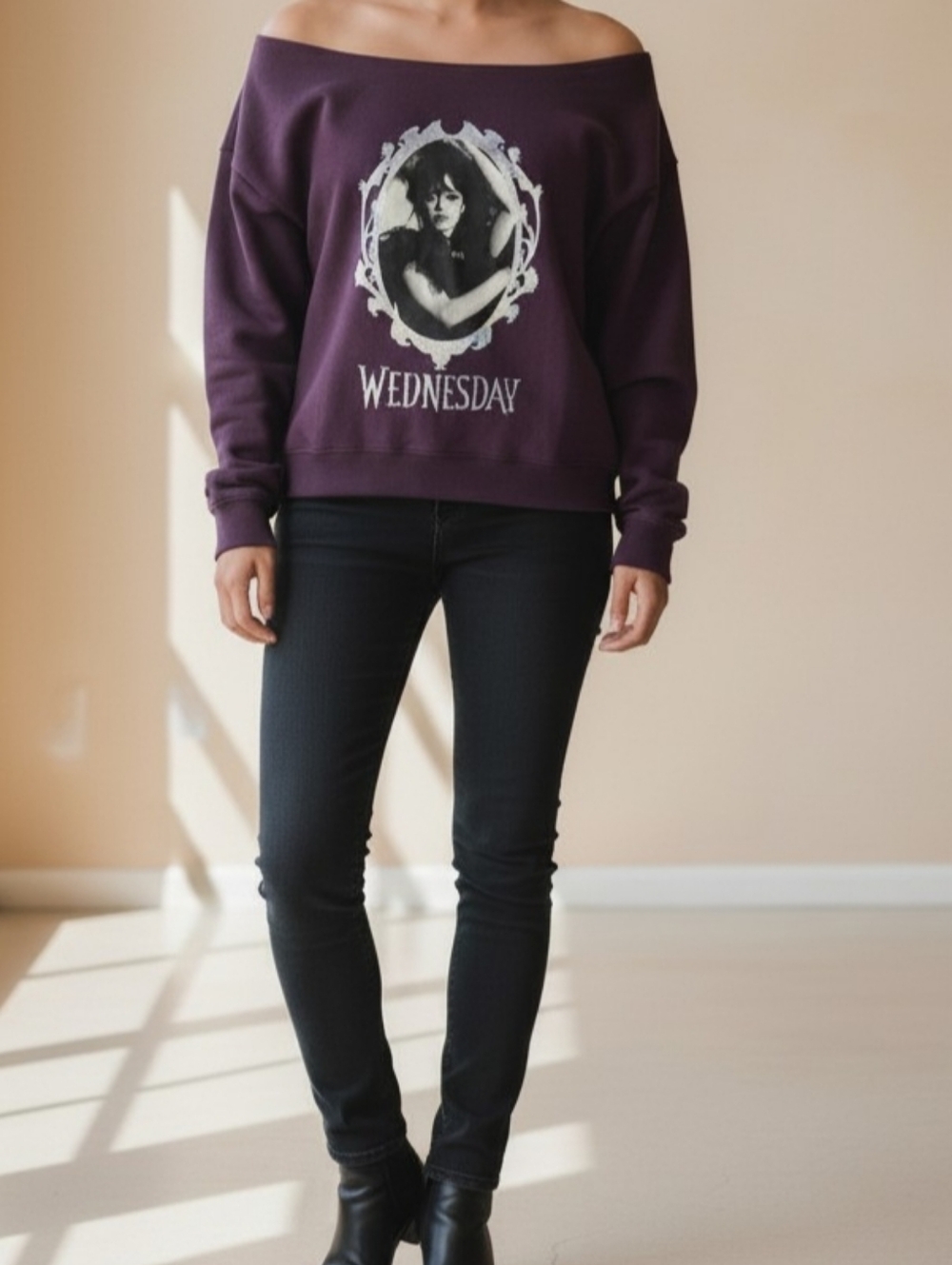 Wednesday Purple Off-the-Shoulder Sweater